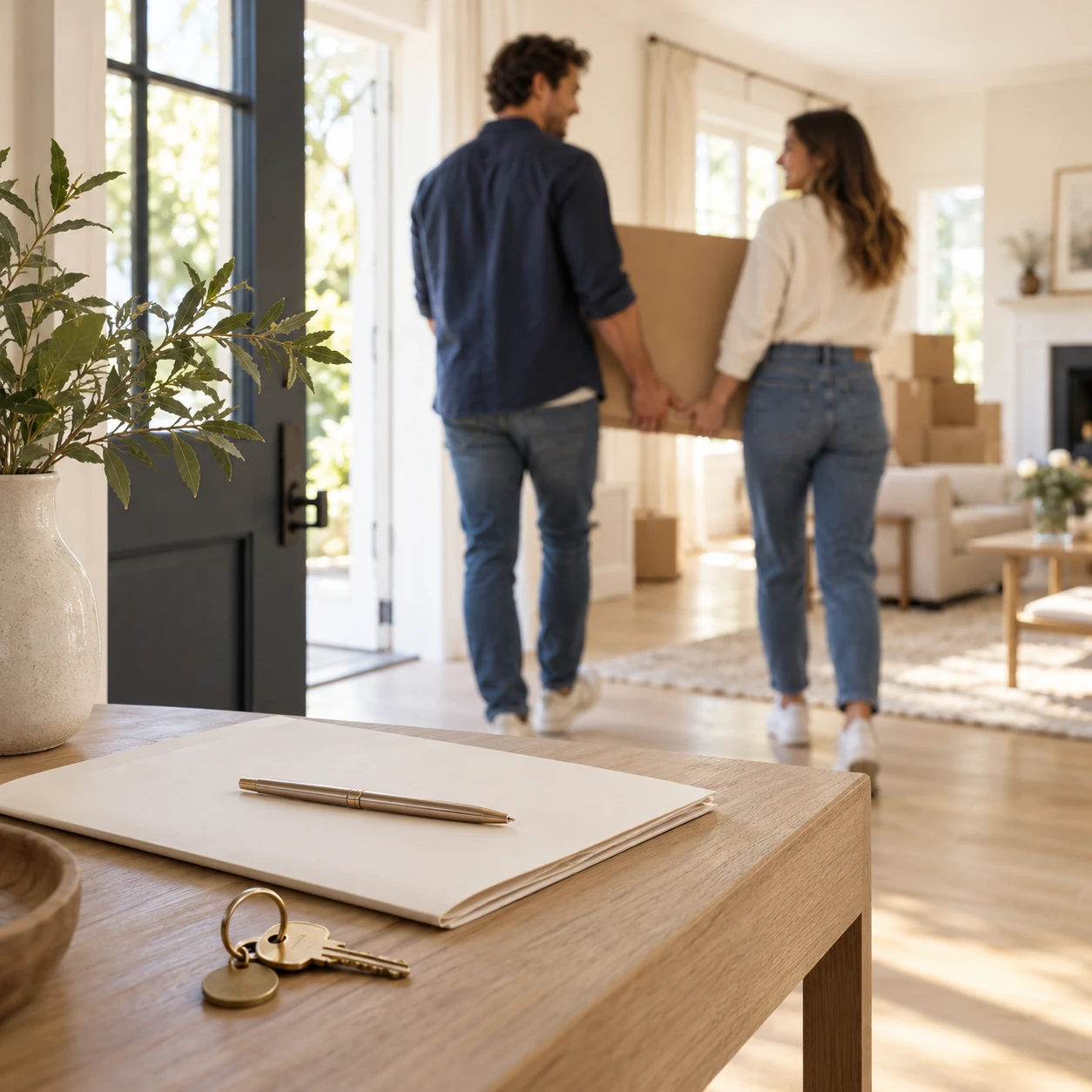 House keys and a document folder in the foreground as a couple moves into their new home