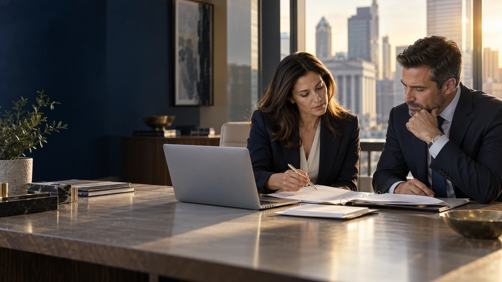 Lending professionals reviewing a borrower file together in a sunlit office