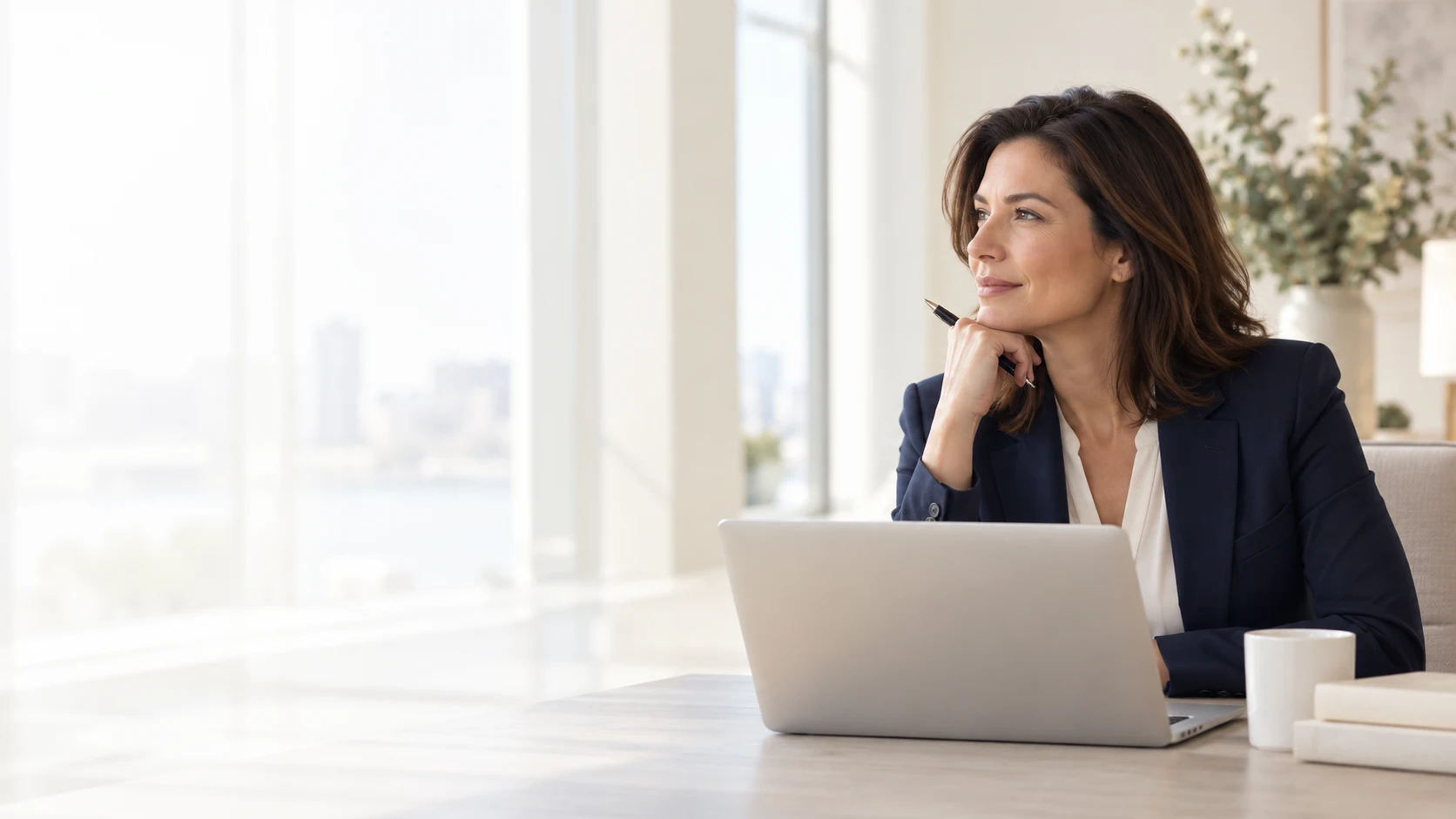 A lending professional considering a borrower file at her laptop in a bright office