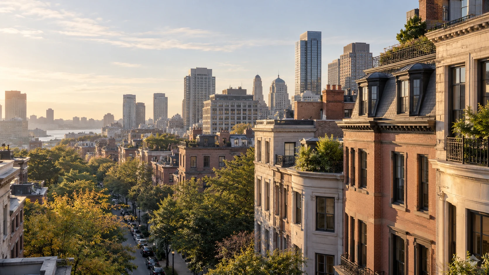 Sunlit American homes and a city business district beyond