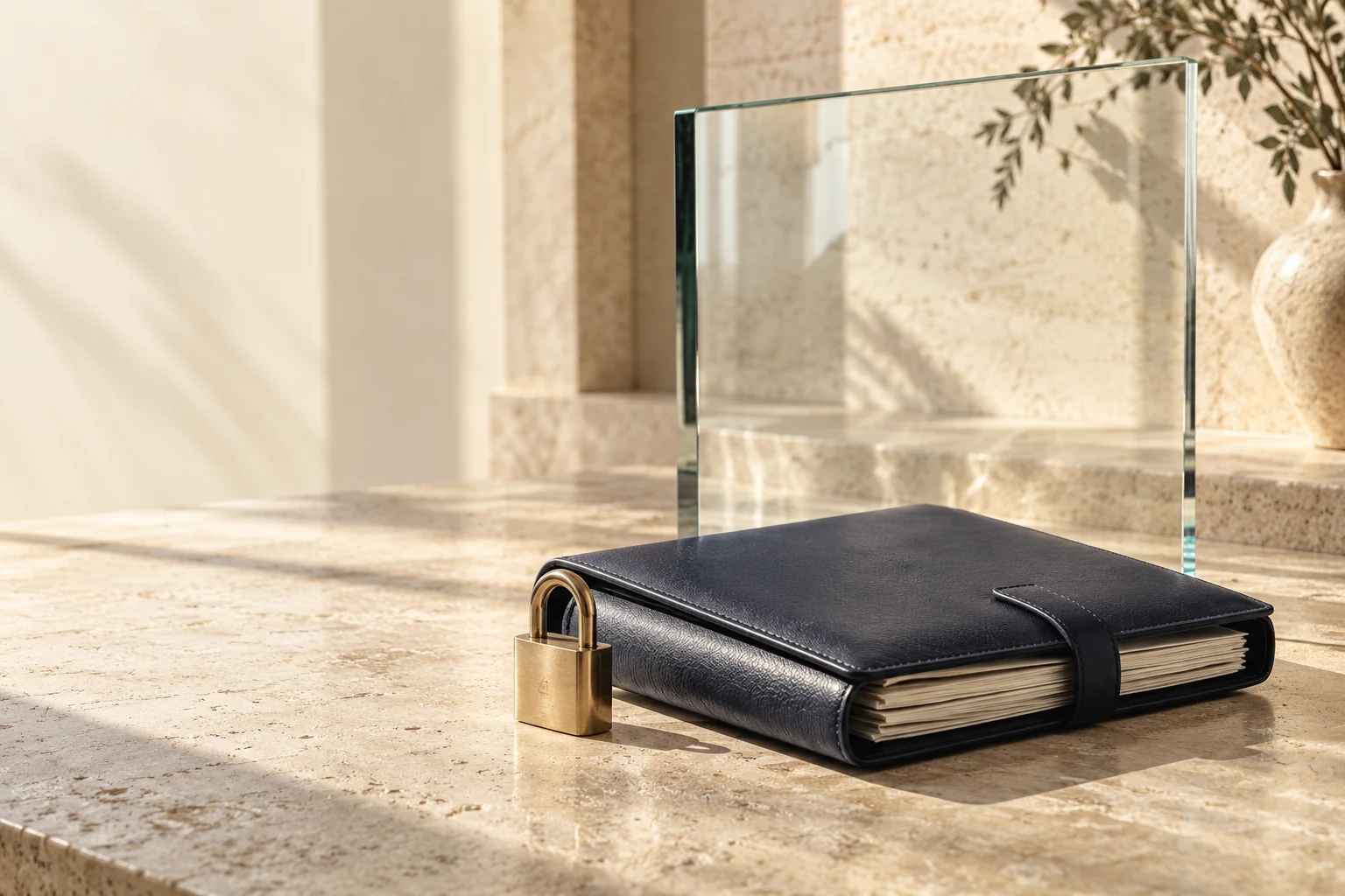 A closed navy document folio beside a brass lock, illustrating care for sensitive records