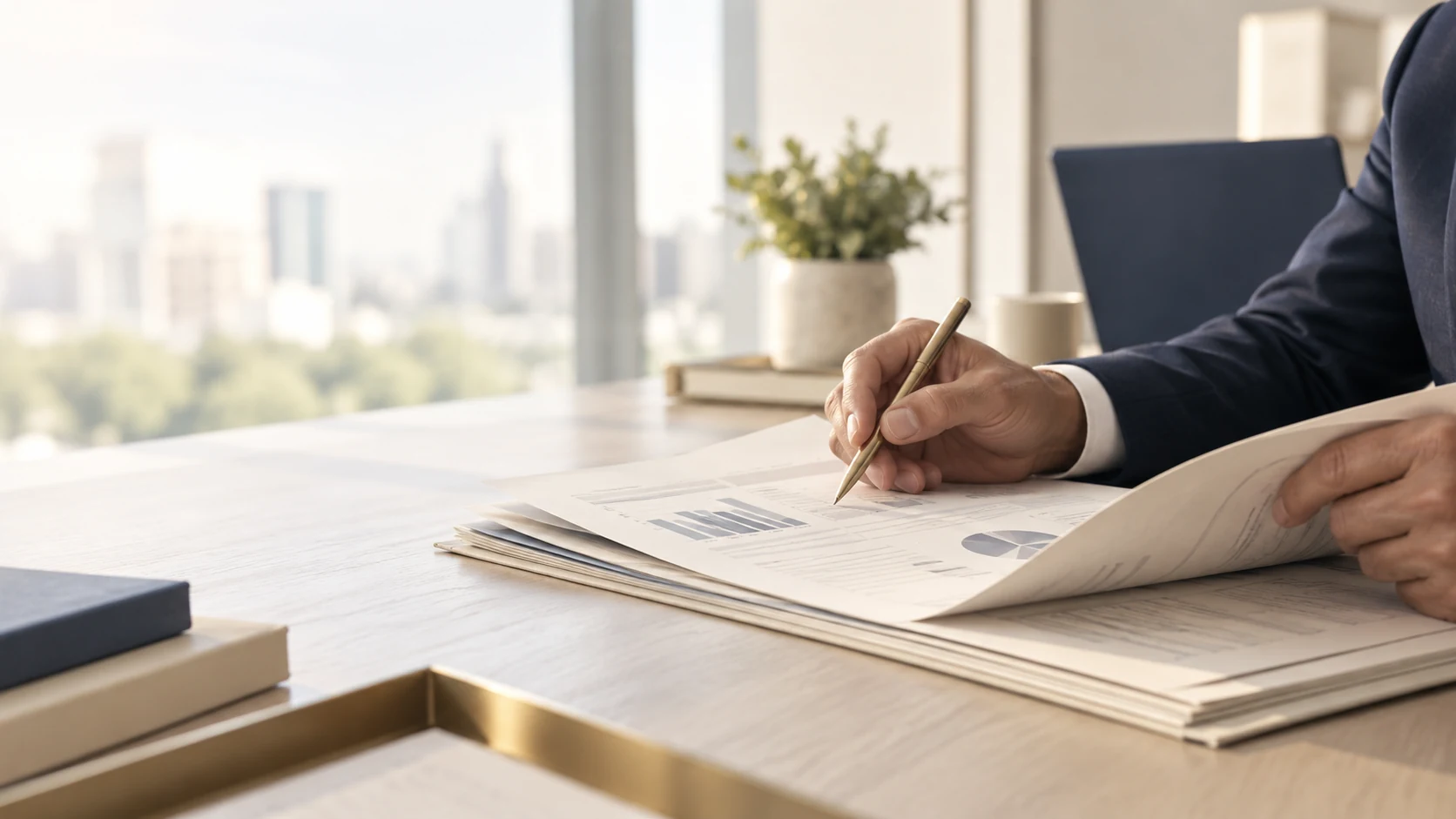 A lending professional reviewing financial records in a bright office