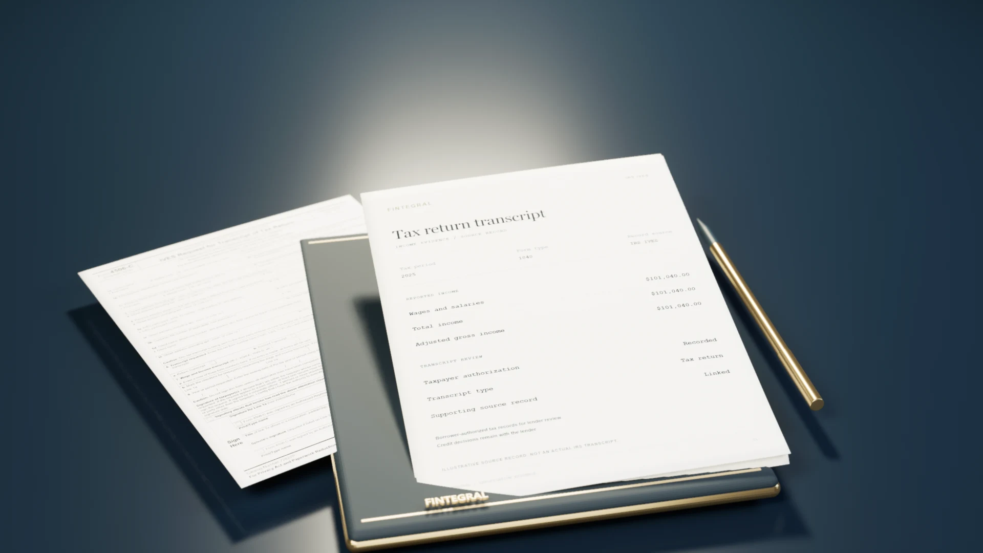 Illustrative tax transcript packet on a navy folio beside IRS Form 4506-C and a champagne pen