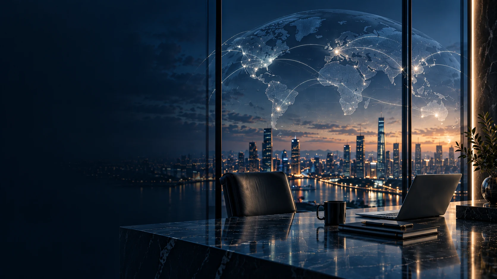 Connected globe above an international city skyline, viewed from a modern office